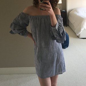 Pinstripe Off-The-Shoulder Ruffle Sleeve Dress